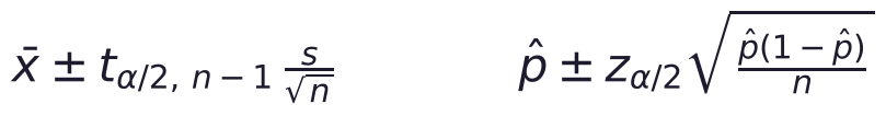 \bar x \pm t_{\alpha/2,\,n-1}\,\frac{s}{\sqrt{n}} \qquad\qquad \hat p \pm z_{\alpha/2}\sqrt{\frac{\hat p(1-\hat p)}{n}}