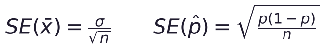 SE(\bar x) = \frac{\sigma}{\sqrt{n}} \qquad SE(\hat p) = \sqrt{\frac{p(1-p)}{n}}