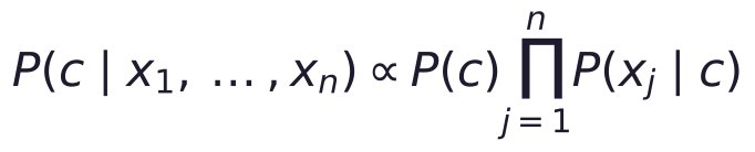 P(c \mid x_1, \dots, x_n) \propto P(c)\prod_{j=1}^{n} P(x_j \mid c)