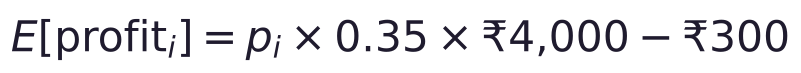 E[\text{profit}_i] = p_i \times 0.35 \times ₹4{,}000 - ₹300