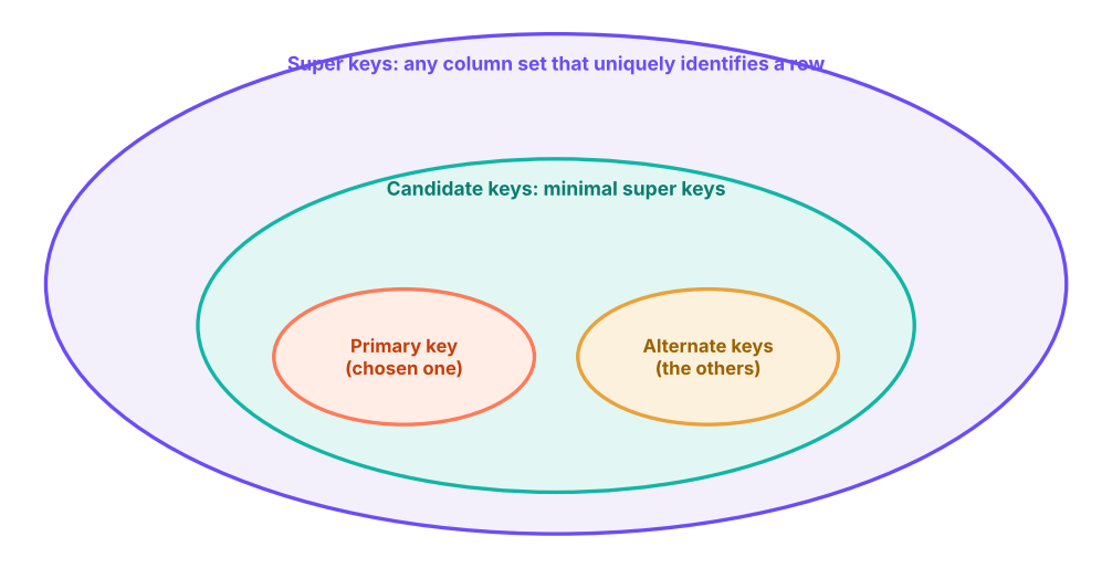 How the main key types relate: every candidate key is a minimal super key; one candidate is chosen as the primary key and the rest become alternate keys.