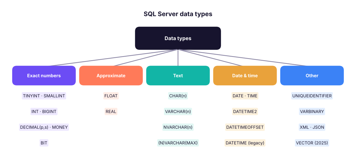 The main families of SQL Server data types.